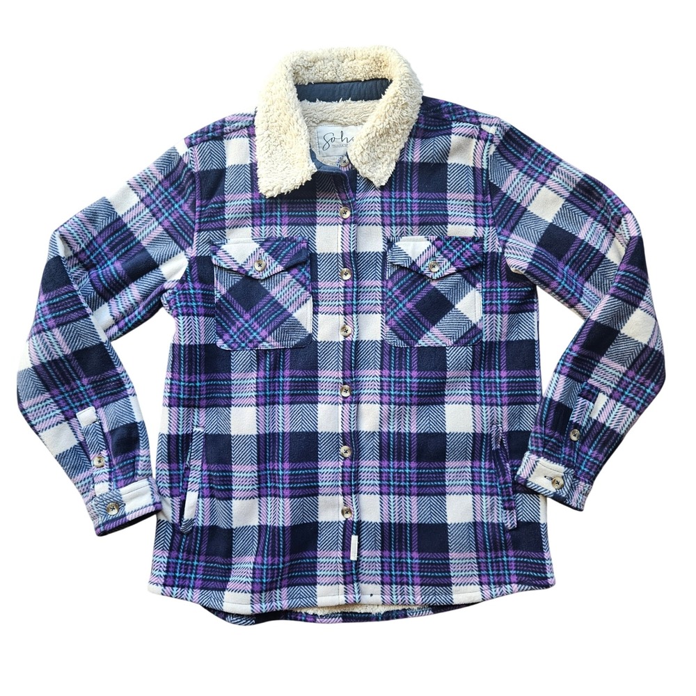 Soho Threads Womens Purple Plaid Fleece Sherpa Lined Shacket Jacket Medium M